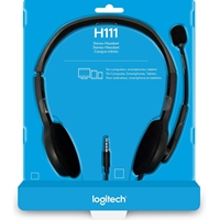 Logitech H111 Wired Headset, Stereo Sound, 3.5mm Audio Jack, Noise-Cancelling Microphone, Black