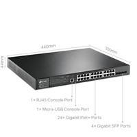<b>JetStream 28-Port Gigabit L2+ Managed Switch with 24-Port PoE+</b><br/><br/><b>Key Features</b><br/>384 W PoE Budget: 24 x 802.3at/af-compliant PoE+ ports with a total power supply of 384 W.<br/>Full Gigabit Ports: 24 x  gigabit PoE+ ports and 4x gigabit SFP Slots provide high-speed connections.<br/>Integrated into Omada SDN: Centralized Cloud Management