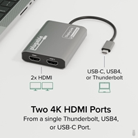 <B>At a Glance</B><br/>The Plugable USB-C Dual HDMI Adapter for 2 monitors (USBC-6950M) features dual 4K 60Hz HDMI ports