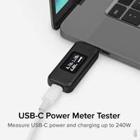 <B>At a Glance</B><br/>USB C Tester monitors USB-C power and charging up to 240W. Measure voltage and amperage. Visualize the directional flow of electrical current. Updated OLED display is brighter and easier to read. New orientation button lets you flip the screen 180 degrees<br/><br/><B>Bidirectional</B><br/>USB power meter can be connected in either orientation