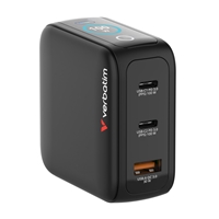 <b>Verbatim Mini GaN Charger with Display</b><br/><br/><b>Product Details</b><br/><br/>High-speed 3-port wall charger with USB-C Power Delivery and Quick Charge 3.0<br/><br/>Integrated touchscreen display shows real-time charging performance<br/><br/>Display modes show individual port output