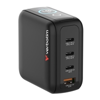 <b>Verbatim Mini GaN Charger with Display</b><br/><br/><b>Product Details</b><br/><br/>Premium 4-port GaN wall charger with three USB-C and one USB-A port<br/><br/>Integrated touchscreen display shows real-time charging performance<br/><br/>Display modes show individual port output