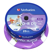 <b>Verbatim DVD+R Double Layer Wide Inkjet Printable - 25 Pack</b><br/><br/><b>Product Details</b> <br/><br/>Capacity: 8.5GB<br/><br/>Speed: 8x<br/><br/>Pack Style: 25 Pack Spindle<br/><br/>Disc Surface: Wide Inkjet Printable-No ID<br/><br/>Print area: 21-118mm<br/><br/>Silver reflective layer for superior performance<br/><br/><b>Guaranteed Quality</b><br/>When drive manufacturers test their products