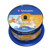 Verbatim DVD-R 16X 4.7GB 50 Pack Spindle Wide Inkjet Printable No ID