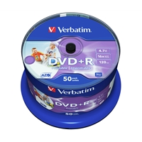 Verbatim DVD+R 16X 4.7GB 50 Pack Spindle Wide Inkjet Printable No ID