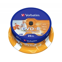 Verbatim DVD-R Wide Inkjet Printable ID Branded 25 Pack Spindle 4.7GB 16X