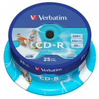 Verbatim CD-R Wide Inkjet Printable ID Branded 25 Pack Spindle AZO 700MB 52X