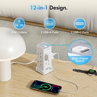 VonHaus Tower Extension Lead with USB, Power Surge Protection 2M Cable White, 8 x UK Mains Sockets, Three-Pin 13A Plugs, Arranged Vertically With 2 Sockets On Each Of The 4 Sides